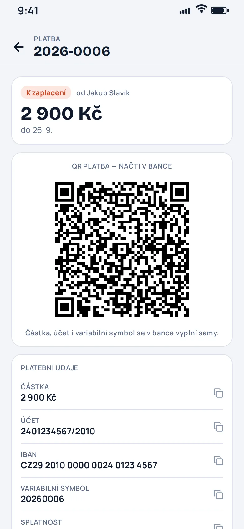 Detail platby v appce klienta: QR Platba a ✓ Zaplaceno