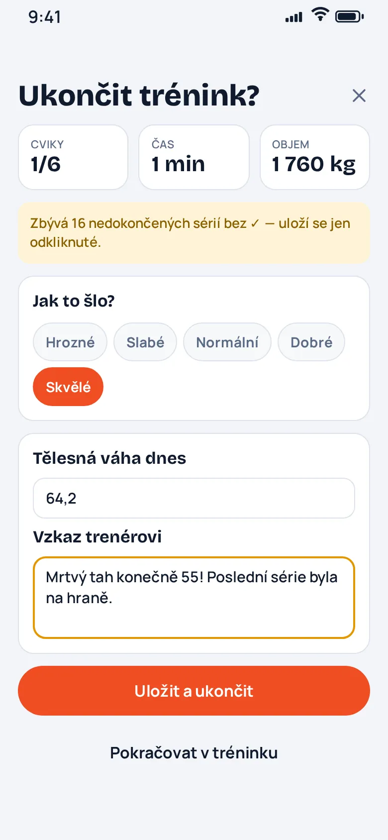 Souhrn tréninku: pocit, váha, komentář