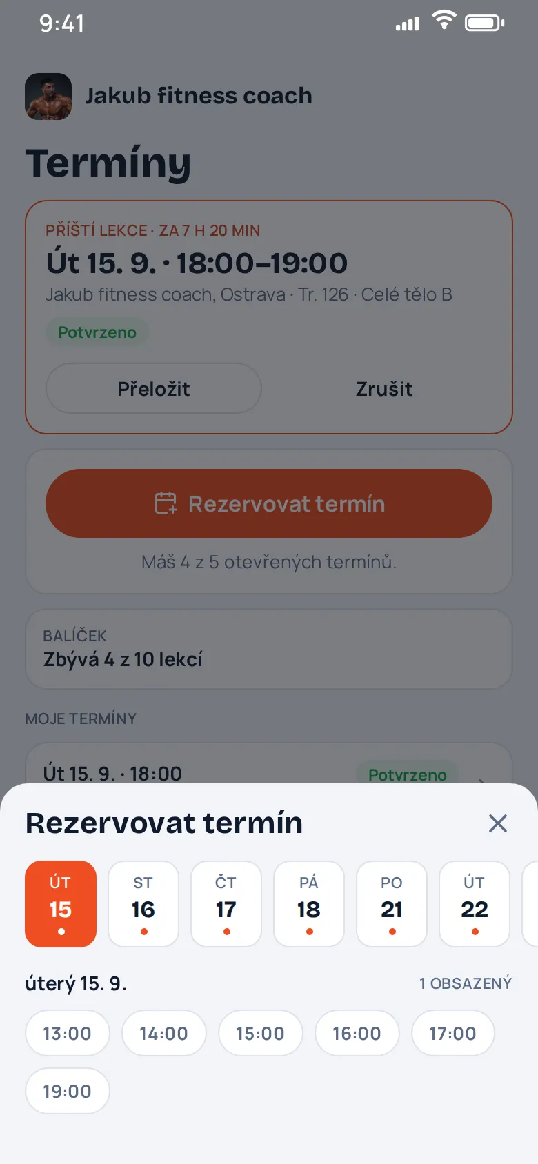 Klient vybírá volný termín: dny a časy