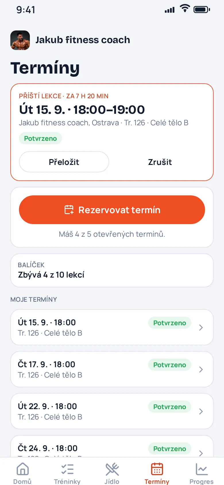 Termíny: příští lekce, moje termíny, balíček