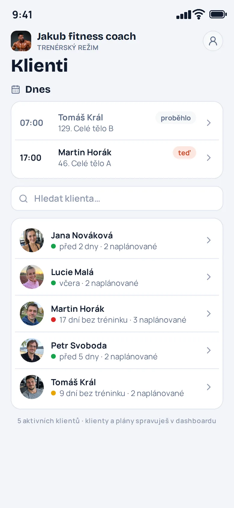 Trenérský režim: dnešní lekce a seznam klientů se semaforem, posledním tréninkem a počtem naplánovaných tréninků