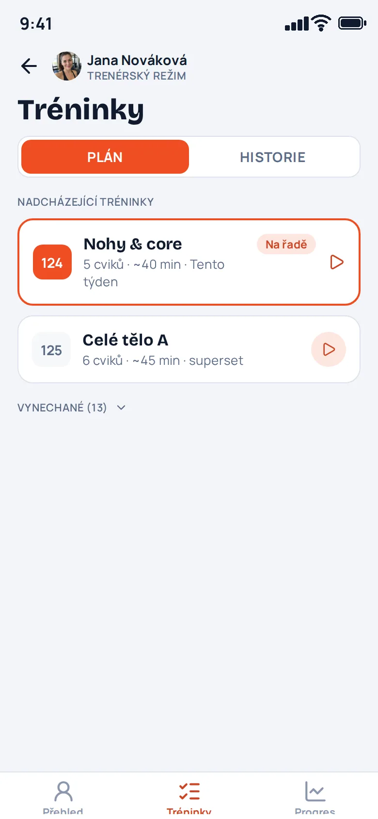 Záložka Tréninky klientky: naplánované tréninky, u každého tlačítko spustit