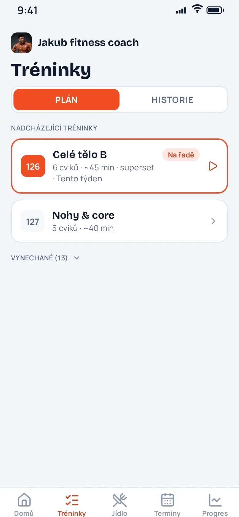 Tréninky v appce klienta