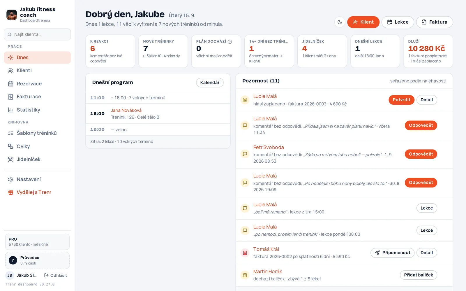 Dashboard trenéra s jeho jménem a logem
