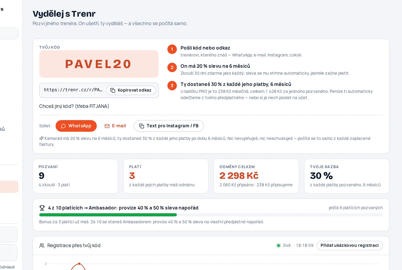 Vydělej s Trenr: kód PAVEL20, pozvaní, kolik platí, odměny