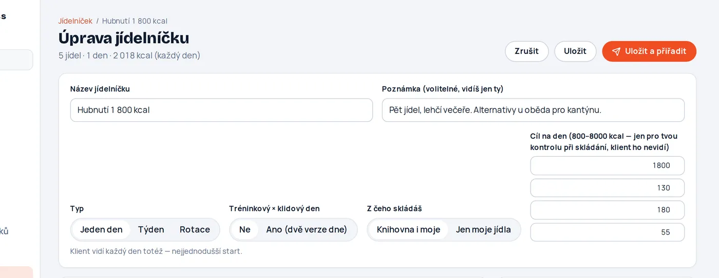 Builder jídelníčku: jídla, porce, alternativy, součet dne